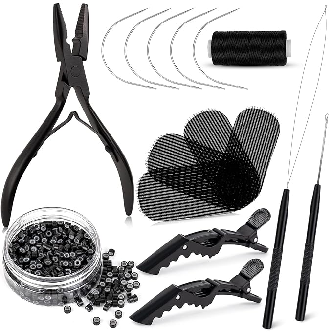 NEWISHTOOL Hair Extension Tool Kit - Silicone Micro Beads, Stainless Steel Beads Plier, Metal Bead Threader and Needle Pulling Hook for Beading Hair Extensions, Girls Cosplay Party Hair Styling Tool