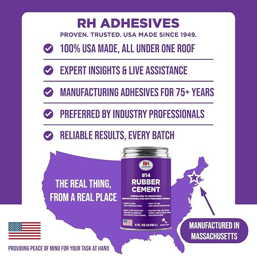 #14 Rubber Cement, 4 oz. can - Crafting, Leather, Upholstery, Costuming, Scrapbooking, DIY, Repostionable, Semi-Permanent - RH Adhesives