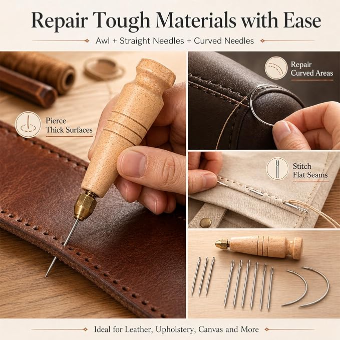 16Pcs Upholstery Repair Sewing Kit, Heavy Duty Leather Sewing Kit with Sewing Awl, Hand Needles, Curved Needles, Scissors and Nylon Thread for Leather Shoes, Sofa, Furniture, Canvas Repair (White)