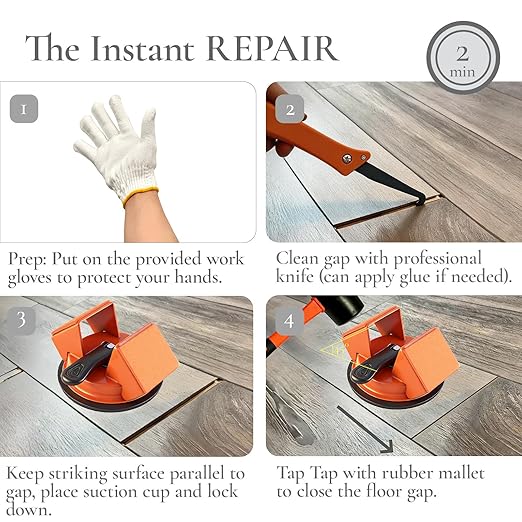 2026 Upgraded Floor Gap Fixer Tool, Heavy Duty Iron Dual 45°Striking Suction Cup for Vinyl Plank LVP, Laminate & Hardwood, 6pc Repair Set with Rubber Mallet & Gap Cleaning Knife (Orange)