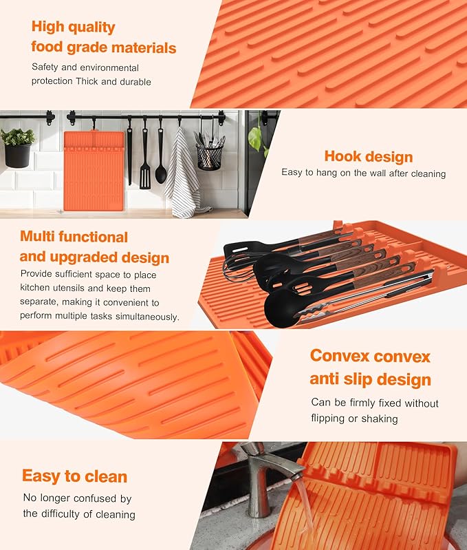 Silicone Grill Mat Compatible with Blackstone, BBQ Griddle Tools Mat with Drip Pad, Large Spatula Holder for Outdoor Kitchen Counter, Gifts for Men (Orange)