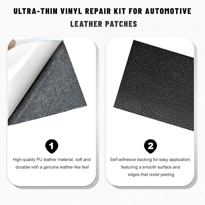 2 PCS Leather Repair Patch Tape, 4×8 Inch Waterproof PU Leather Tape Auto Upholstery Repair Patches, Self-Adhesive Cuttable Patch for Repairing Car Seats Sofas Chairs (Black)