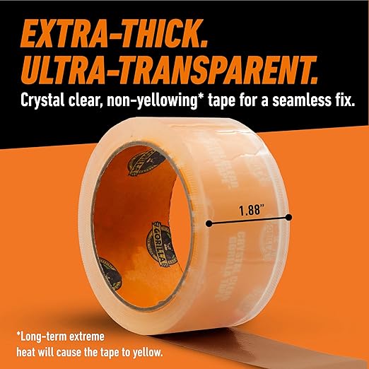 Gorilla Crystal Clear Tape, 1.88” x 18 yd (Pack of 12) - Weather Resistant for Indoor or Outdoor Projects and Repairs