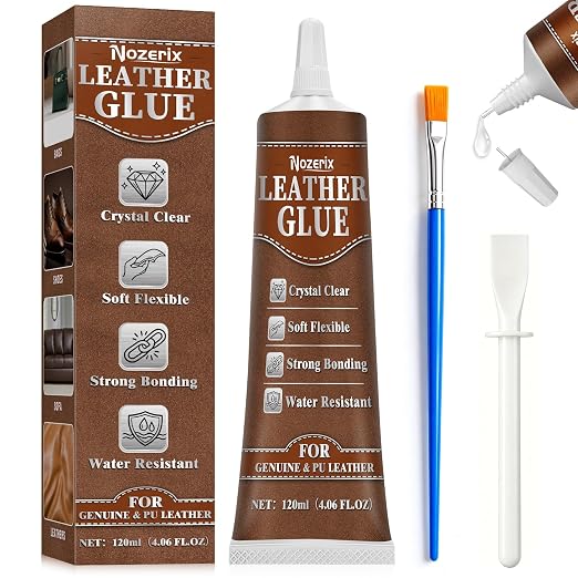 Leather Glue, 120ml Transparent Leather Adhesive, Industrial Strength, Waterproof, Leather Cement with Applicator Brush, Flexible Bond for Shoes, Bags, Sofa, Car Seats, PU and Fabric