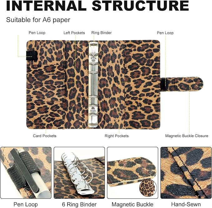 Convend A6/A5 Refillable 6 Ring Faux Leather Budget Binder,Mini Notebook Binder Cover for A6 Filler Paper,Loose Leaf Personal Planner Cover with Magnetic Buckle Closure (Leopard)