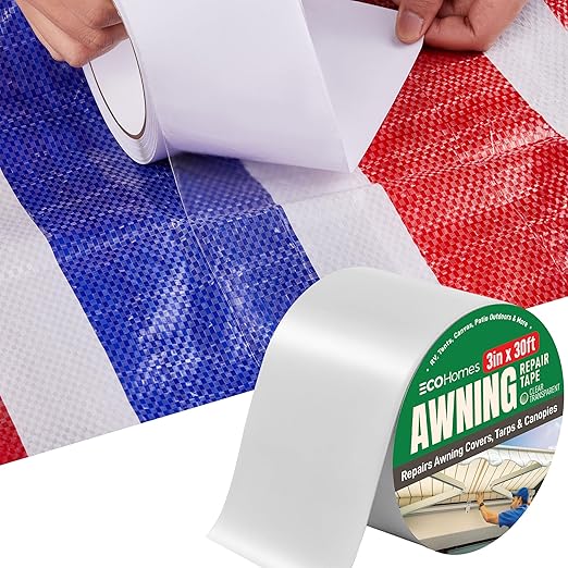Awning Covers & Tarp Repair Tape - Waterproof Self Adhesive Patch Repair Kit | Patch Tapes for Awnings, Outdoor Canopies, Patio Window Awnings, Gazebos, Tents, RV, Canvas, Boat Covers (Transparent 3")