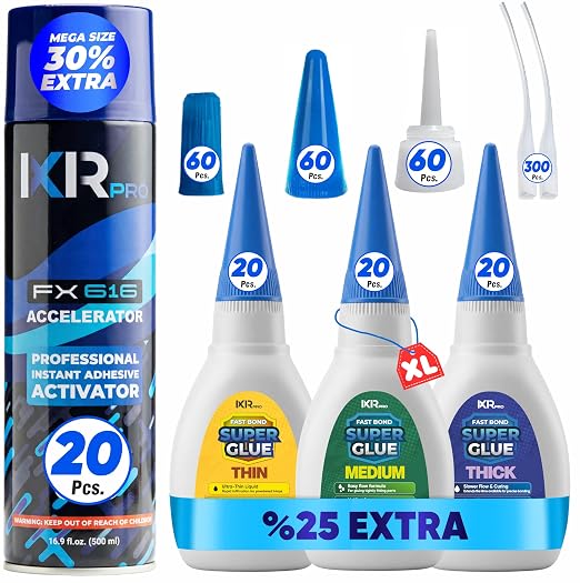 CA Glue with Activator Kit – 60 x 1.75 oz (Thin, Medium, Thick) + 20x 16.9 fl oz Accelerator Spray, Cyanoacrylate Super Glue for Woodworking, 3D Printing, Plastic, Guitar Repair & Hobby Projects