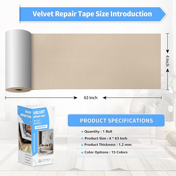 KING MOUNTAIN Couch Fabric Repair Patch, Fabric Patches for Furniture, 4" x 63" Waterproof Velvet Repair Tape for Sofas, Car Seats, Furniture, Upholstery Fabrics and Velvet Goods. （Beige）