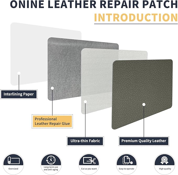 ONine Leather Repair Patch，Leather Repair Tape, 16 x 48 inches Leather Repair Patch for Furniture,Vinyl Repair kit，Leather Couch Patch，for Sofas, Furniture, car Seats(Grey-Litchi Grain)