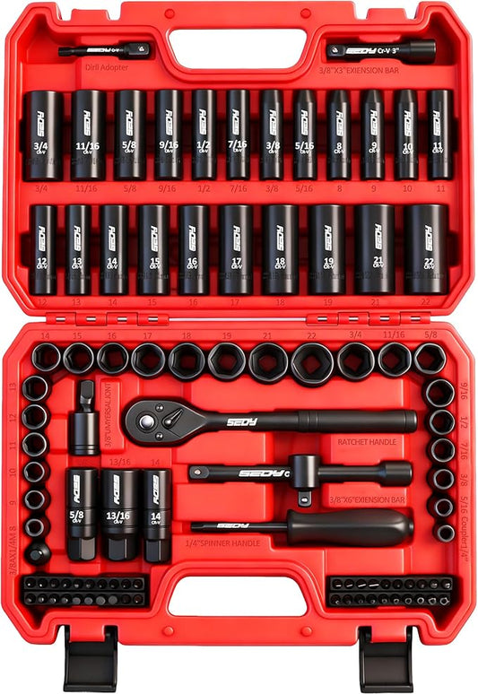 96-Piece 3/8" Drive Impact Socket Wrench and Bit Set, SAE 5/16”-3/4” & Metric 8-22mm, Cr-V Standard & Deep Sockets, Power Bits, Ratchet Handle, Universal Joint, Bit Holder, Adapters, Spark Plug Socket