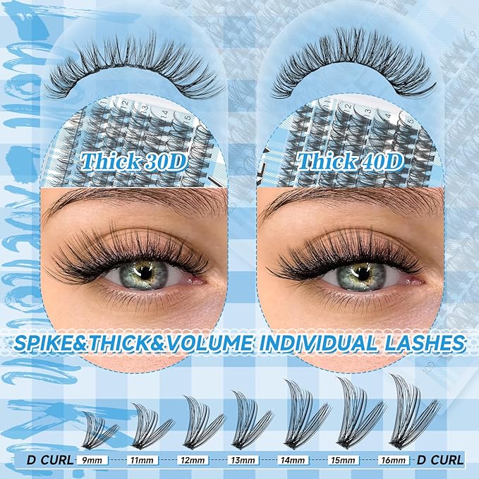 Lash Clusters Kit 280 Pcs Volume Eyelash Clusters 30D+40D D Curl Lash Extension Kit 9-16mm Individual Lashes Thin Band,With Lash Bond and Seal Tweezers For Self Use(30D+40D,9-16mm)