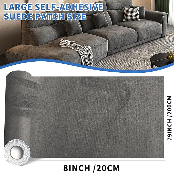 Suede Repair Patch, Large Faux Suede Leather Fabric，Self-Adhesive Fabric Patches for Furniture, Couch, Sofa, Car Interior, Shoes, Hand Bag, Jewelry Boxes ﻿ (Gray, 8x79 inch)