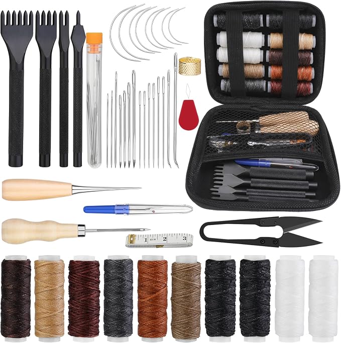 Yizzvb 46 Pcs Leather Stitching Sewing Kit,Sewing Tools Kit with 4mm Lacing Stitching Chisel, Waxed Thread and Large-Eye Needles for Leather Craft Projects DIY Sewing Work