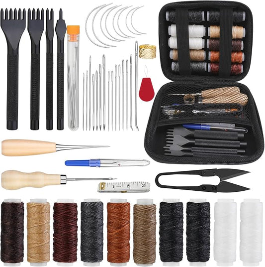 Yizzvb 46 Pcs Leather Stitching Sewing Kit,Sewing Tools Kit with 4mm Lacing Stitching Chisel, Waxed Thread and Large-Eye Needles for Leather Craft Projects DIY Sewing Work