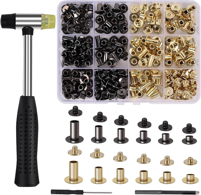 110 Sets Chicago Screws Leather Rivets Kit, 6 Sizes (M5*4,5,6,8,10,12) Assorted Binding Screws with Rubber Hammer & Full Installation Tools for On-the-Go Leather Craft, Bookbinding (Black & Gold)