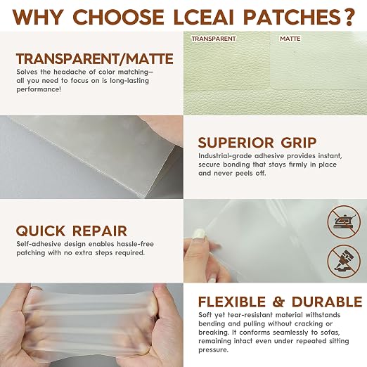 Transparent Leather Repair Patches, 5.5" x 8", 6 Sheets, Self-Adhesive Leather Repair Kit for Furniture, Sofas, Car Seats, Office Chairs and Vinyl Repair.（Transparent）