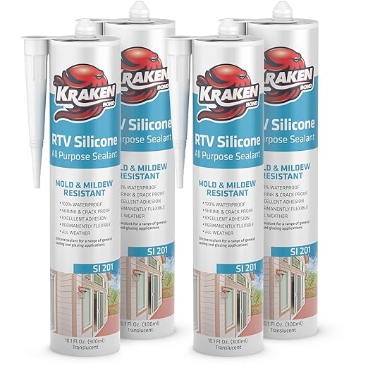 Kraken Bond Transculent Silicone Sealant Waterproof%100-10 fl oz Cartridge, RTV Silicone Caulk Kitchen and Bathroom, All Purpose, Window Caulking Sealant Outdoor, RV, Exterior Use Silicon - 4 Pack