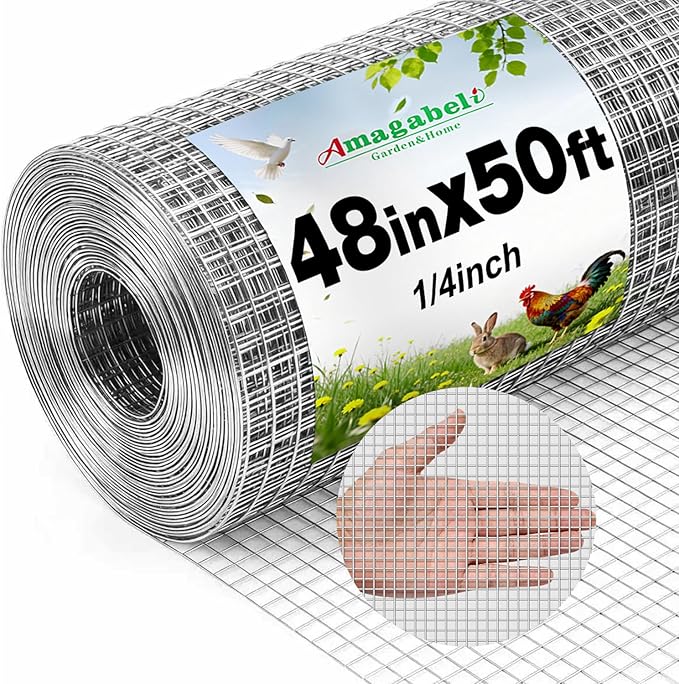 AMAGABELI GARDEN & HOME 48x50 Hardware Cloth 1/4 inch Square Galvanized Chicken Wire Welded Fence Mesh Roll Raised Garden Bed Plant Supports Poultry Netting Cage Wire Snake Fence
