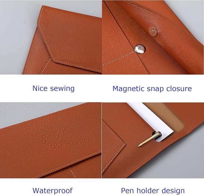 PU Leather A4 File Folder Document Holder with 3 Pockets Waterproof Stylish Envelope Folder Case with Snap Closure (Brown)
