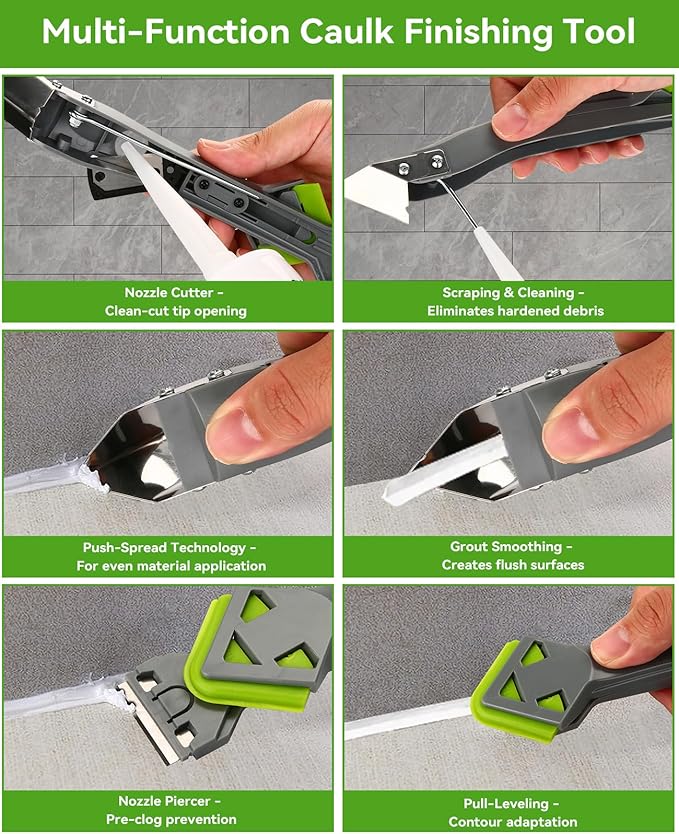 7 in 1 Caulking Tool, Caulk Remover Tool Kit with 5 Pcs Replaceable Silicone Pads, Grout Removal, Scraper for Bathroom, Kitchen and Window Sealant Trimming (7)