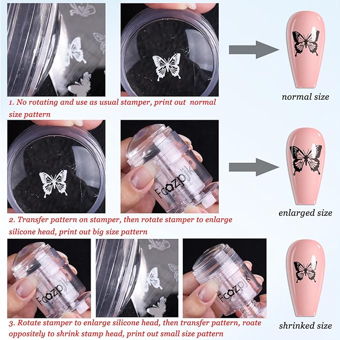 Fcozpjk Rotatable Nail Stamp, Clear Silicone Nail Art Stamper Scraper Kit Soft Jelly Head Stamper Enlarge Shrink Pattern Size French Tips Tool Stamping Printing Manicure Templates Supply Professional