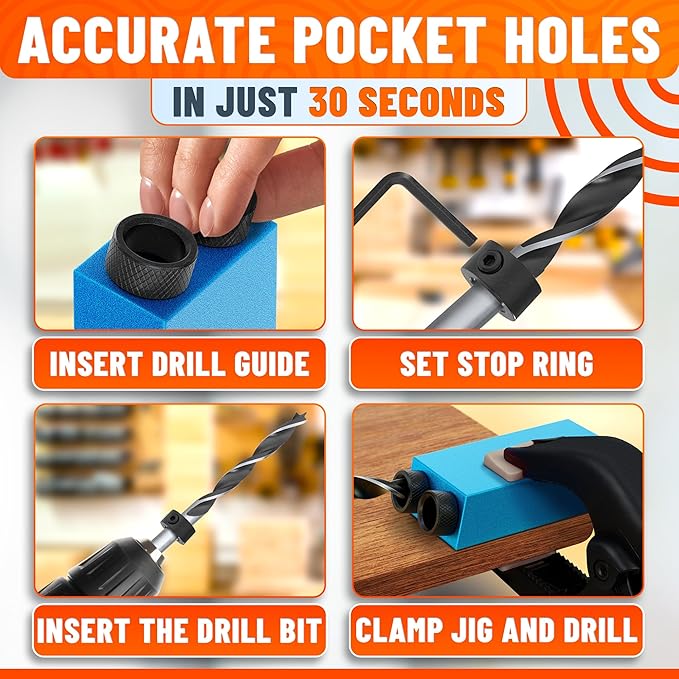 14 Pcs Compact Pocket Hole Jig Kit – Build Strong, Clean Joints with Hidden Screws | Aluminum Pocket Screw Jig with 15° Angle Drill Guide, 6 Bushings 6–10mm, 3 Drill Bits, Stop Rings, Adapter, Case