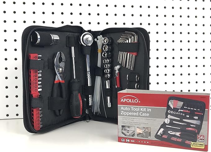 Apollo Tools 56 Piece Compact SAE Auto Tool Set in Zippered Case, Small Mechanic Tool Set for Car Emergency, Motorcycle Repair on the Road, Great for Travel Tool Needs - Red - DT9774