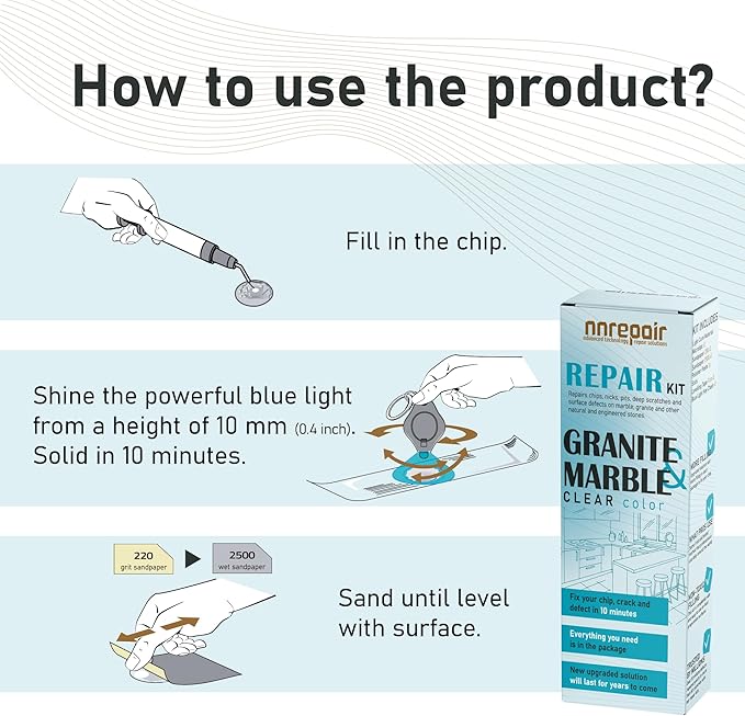 NNREPAIR Granite Repair Kit (Clear/Transparent) I Suitable for Most Repairs I Also for Tile, Countertop, Fiberglass, Porcelain & Ceramic Surfaces I Fix Broken Chips & Cracks in Minutes