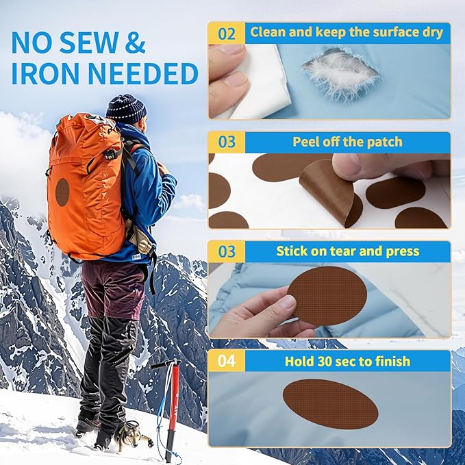 Waterproof Self-Adhesive Nylon Patches for Tent Repair Kit, 24pcs Outdoor Gear Tenacious Repair Tape, Fabric Patches for Clothes, Down Puffer Jacket, Tent, Sleeping Bag, Backpack, Coffee