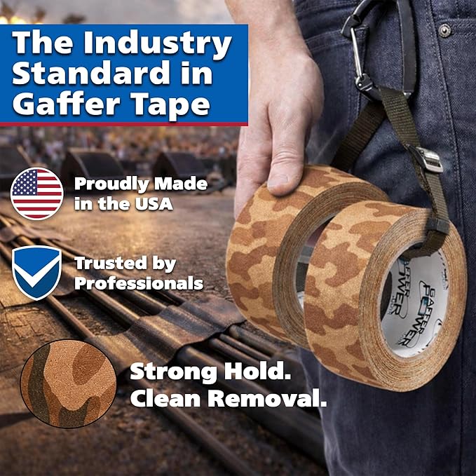 Gaffer Power Desert Tan Camo Gaffer Tape – Professional Grade, Made in USA, Non-Reflective Matte Cloth Tape, Heavy Duty, Easy Tear, Residue-Free – 2 Inch x 25 Yards