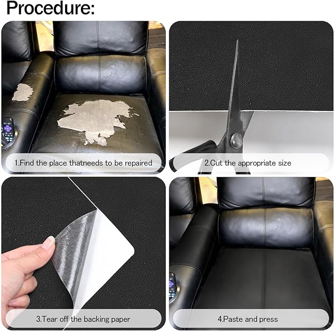 CHEIGHY 2pcs Self-Adhesive Leather Repair Kit for Furniture, Couches, Car Seats 8.2X11 Inch Black PU Vinyl Leather Patch Tape for Sofa, Office Chairs, Jackets