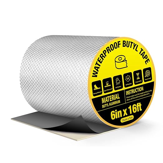 Waterproof Butyl Tape 6" W X 16ft L, Strong Self-Adhesive Aluminum Butyl Seal Tape for Metal Roof Joints, RV Roofs, Gutters and Drainpipes, Exhaust Vents, Skylight Patching, Flashing Seams