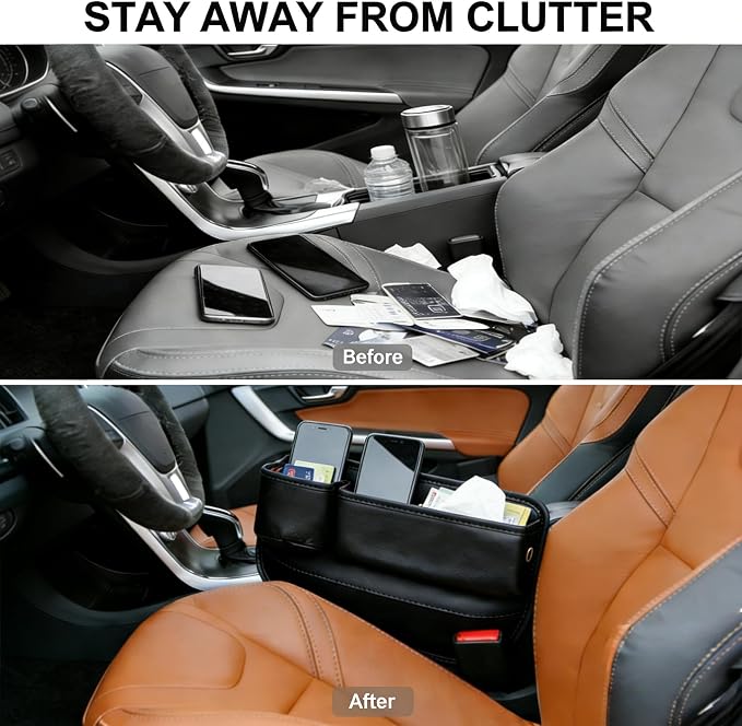 Car Seat Gap Filler Organizer, PU Leather Car Accessories Organizer, for Front Seat,Console Organizer for Phone, Keys and Small Items, It has a cup holder and a long storage slot.（Driver side)