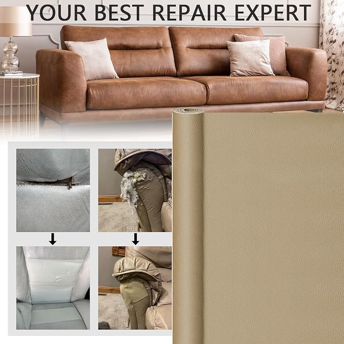 YAFLC Leather Repair Patch for Furniture, 40" x 16" Self Adhesive Leather Repair Kit Vinyl Repair Tape for Car Seat Sofa Jackets Couches Chair Medium Beige