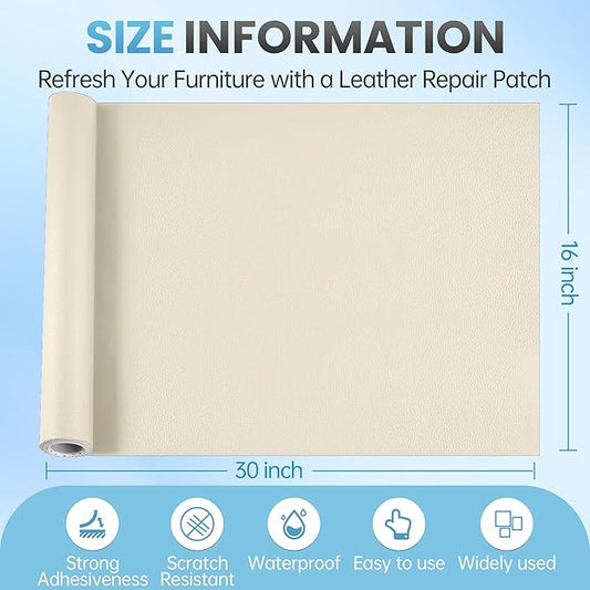 Leather Repair Patch Tape Kit, 16" x 30" Self Adhesive Leather Repair Patch for Furniture, Vinyl Leather Repair Kit for Car Seat, Chairs, Couch, Sofa, Boat Light Ivory