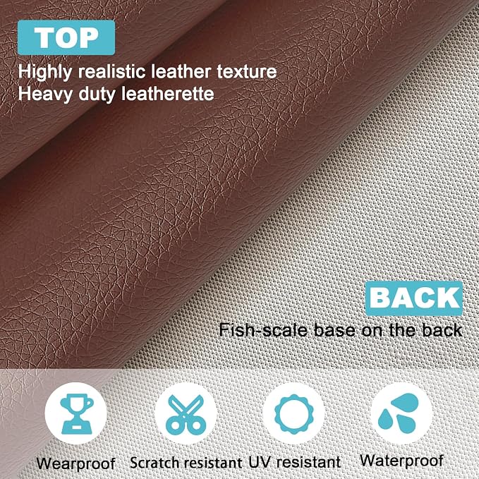 Brown Faux Leather Fabric, 78" x 55" Grained Lychee Vinyl Upholstery Material, Soft Synthetic Leather, for Upholstery Crafts, Furniture Sofa Reupholstery, Boat Seats, Car Interior and DIY Crafts