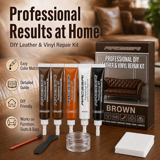 ARCSSAI ARCSSAL Brown Leather Repair Kit for Furniture, Leather Couch Repair Kit for Sofa, Jacket, Car Seats and Purse with Super Easy Instructions, Restores Any Material, Bonded, Pleather, Genuine