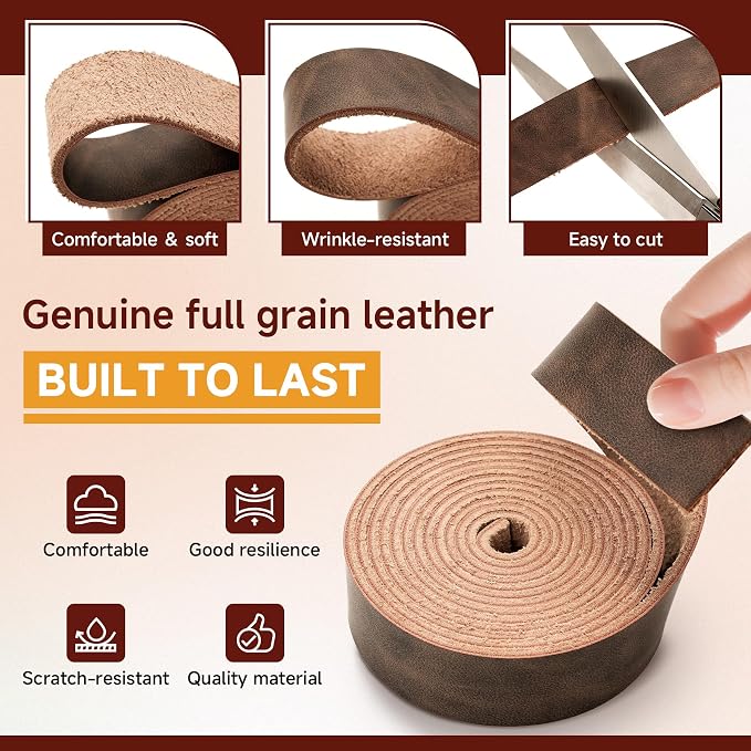 Genuine Full Grain Leather Strip, 1 Inch Wide x 79 Inches Long, 2.2mm Thick Oil Tanned Cowhide Leather Strap for DIY Craft Projects, Tooling, Belts, Knife Sheath, Gardening Tools – Dark Brown