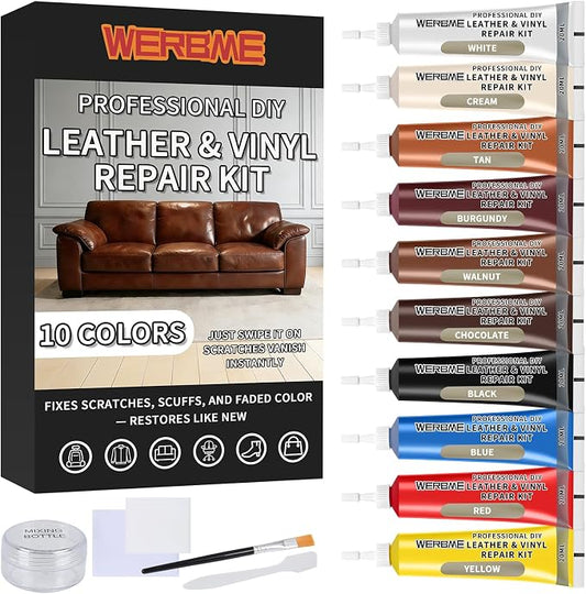 Leather & Vinyl Repair Kit, DIY Color Repair for Cracks,Scratches,10 Color | Blendable Colors; Flexible Formula; Strong Adhesion; Smooth Finish; Fast Drying; Long-Lasting Repair