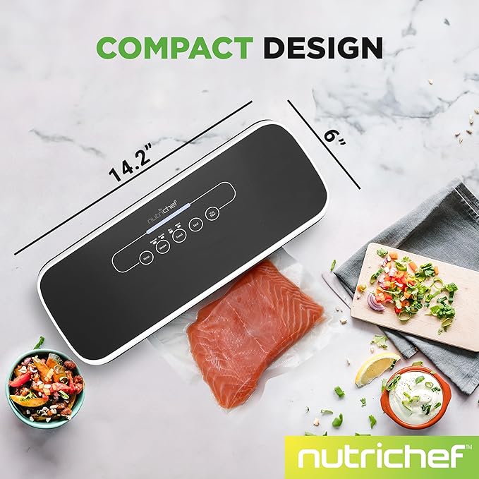 NutriChef Automatic Vacuum Sealer for Food | Electric Food Vacuum Sealing Machine with LED Controls | Strong Suction for Dry & Moist Foods | Includes Bags, Hose & Wine Stopper | Compact Size 14”x6"x3”