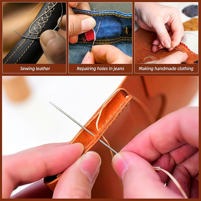 Upholstery Repair Kit: Extra Strong Waxed Sewing Thread 4 Rolls (3 Colors) &Heavy Duty Household Hand Needles (7 PCS) for Leather, Canvas, Bookbinding & Quilting Thread