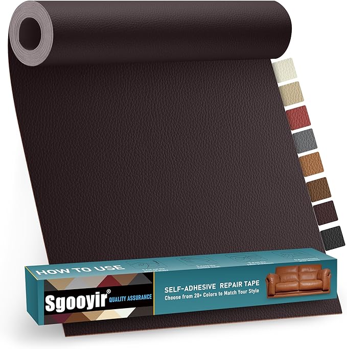 Leather Repair Patch Tape Kit, 16" x 30" Self Adhesive Leather Repair Patch for Furniture, Vinyl Leather Repair Kit for Car Seat, Chairs, Couch, Sofa, Boat Dark Brown
