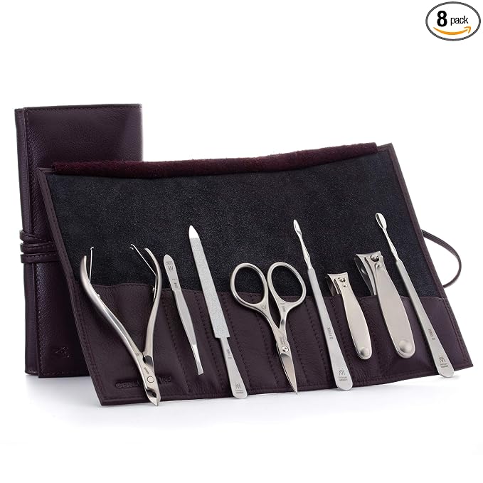 GERMANIKURE 8pc Manicure & Pedicure Set in Dark Purple Leather Case - Made in Germany, FINOX Stainless Steel Tools – Professional Cuticle and Nail Care Kit