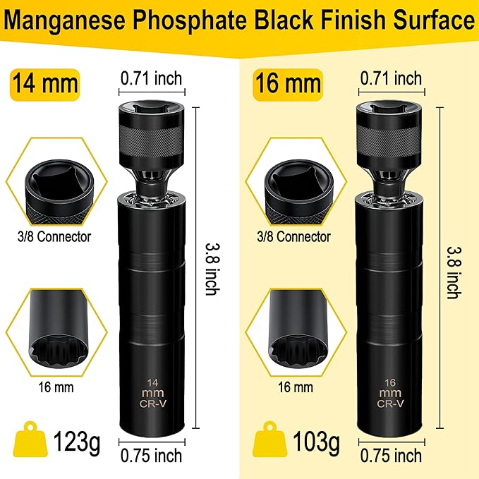 14mm&16mm Spark Plug Socket Set, Thin Wall 3/8" Drive Spark Plug Sockets Removal Tool, 12 Point, Magnetic Swivel 5/8" Spark Plugs Socket for Most Car Models (Black)