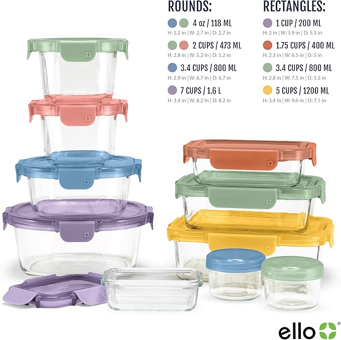 Ello Color Lock 8PC Mixed Glass Food Storage Sets, Leak-Proof Glass Food Storage Containers