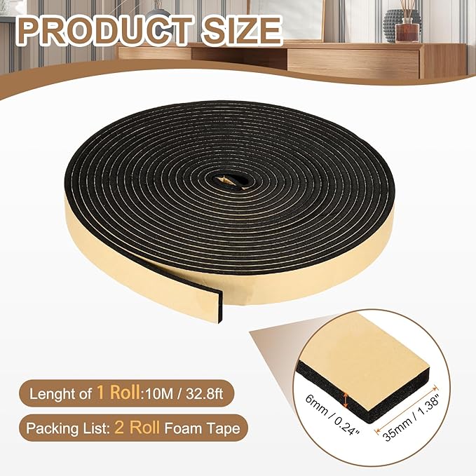 PATIKIL Foam Insulation Tape, 1-3/8" W x 1/4" t x 32.8FT Self Adhesive Weather Stripping Door Seal Strip for Door Window Air Conditioning, Black