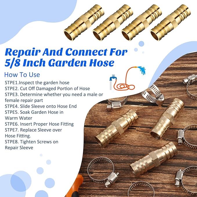 Zhengmy 12 Pcs 3/8-1/2 Inch Hose Repair Kit Brass Barb Fitting Garden Water Hose Repair Connectors with Claps Fiting with 8 Pcs Stainless Steel Pipe Clamp for Fuel Air