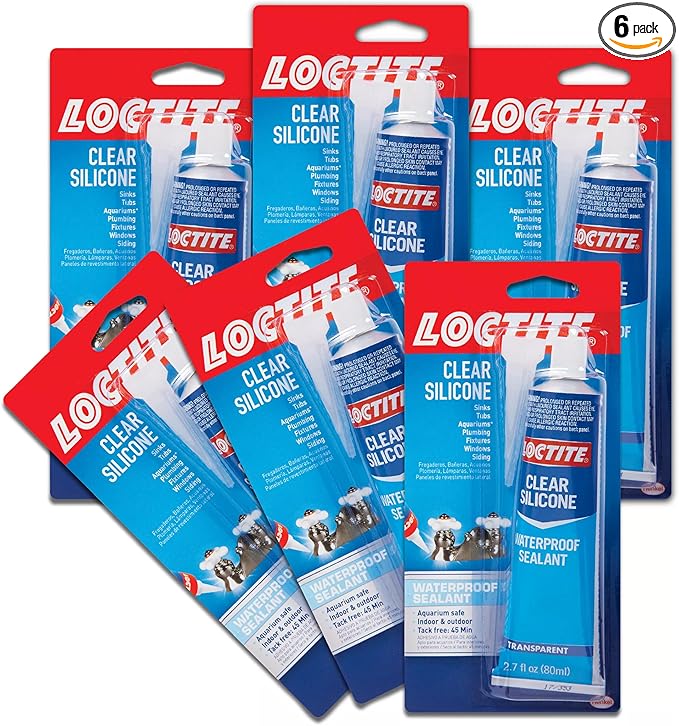 Loctite Silicone Sealant, Clear, 2.7 fl oz Tube, 6 Pack - 100% Waterproof Sealant for Glass, Ceramic, Wood, Plastic & More