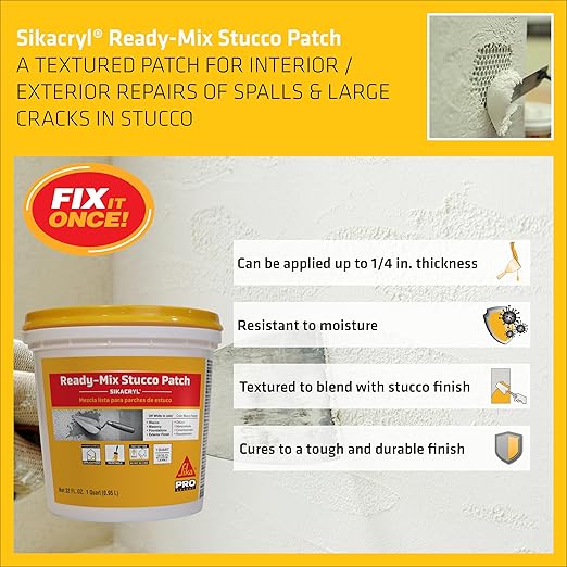 SIKA Sikacryl Stucco Repair, White, 1-Qt, Ready-Mix Stucco Patch for Large Cracks and Spalls, Acrylic-Based, Interior/Exterior, Textured, Moisture-Resistant (Pack of 6)