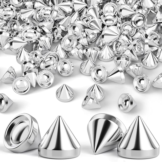 OIIKI 100 PCS 10 mm ABS Bullet Spike Cone Studs, Rivets Cone Spike Studs Beads, Flat Back Punk Spikes DIY Crafts Studs Glue on Decoration for Leather Clothes Belt Bags Jewelry Trims - Silver
